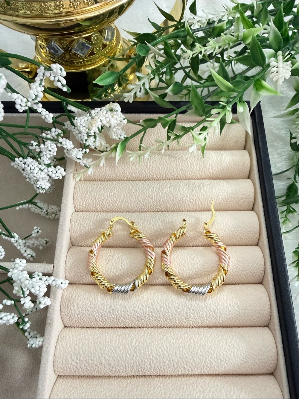 Tri-Color Twisted Rope Hoop Earrings - Gold, Rose & Silver 18k gold plated